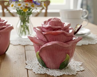 Azucarero de cerámica con forma de rosa hecho a mano con cuchara, decoración de cocina estilo shabby chic