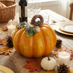 Centre de table citrouille en céramique fait main, décor de récolte d'automne émaillée