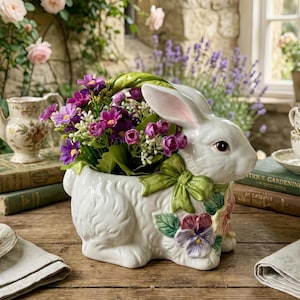 Può includere: Una fioriera a forma di coniglio in ceramica bianca piena di fiori viola e verde. Il coniglio ha un fiocco verde e accenti floreali. La fioriera è su un tavolo di legno con altri oggetti decorativi.
