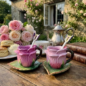 May include: Two pink ceramic teacups shaped like roses, each with a butterfly spoon, sit on green leaf-shaped saucers. A silver teapot and a bouquet of pink roses are in the background. Scones and cream are on a white plate.