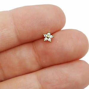 Puede incluir: Un pequeño pendiente de botón dorado con forma de flor de cinco pétalos. El centro de la flor presenta una pequeña cuenta dorada y cada uno de los cinco pétalos está engastado con una piedra preciosa transparente, redonda y facetada.