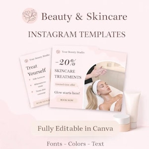 Può includere: Modelli Instagram per attività di bellezza e cura della pelle. Il design presenta una combinazione di colori rosa tenue con il testo "Beauty & Skincare" e "Instagram Templates". L'immagine include esempi di promozioni di trattamenti per la cura della pelle e una call to action per prenotare ora.