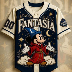 A Mickey Mouse-themed baseball jersey with the word "Fantasia" prominently displayed on the front.
