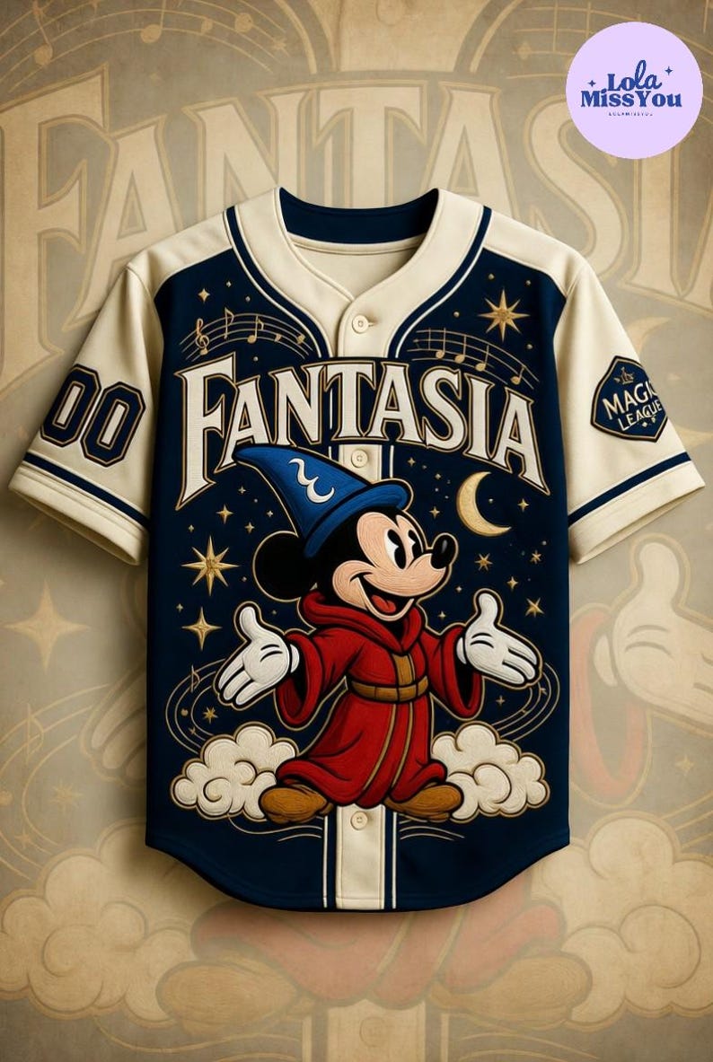 A Mickey Mouse-themed baseball jersey with the word "Fantasia" prominently displayed on the front.