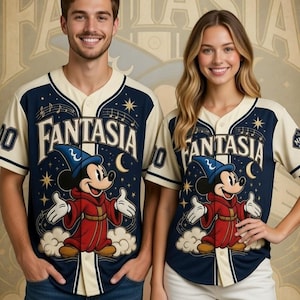 A man and a woman are standing next to each other, both wearing Mickey Mouse-themed baseball jerseys.