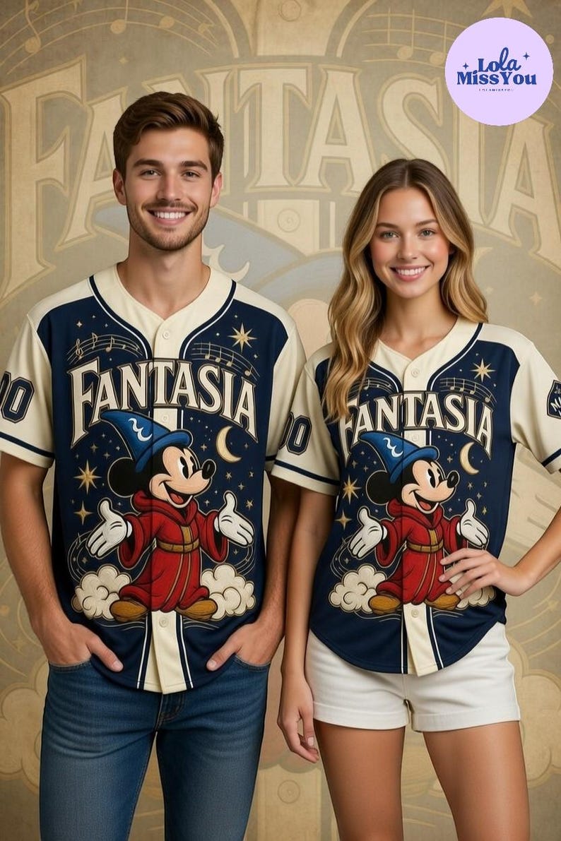 A man and a woman are standing next to each other, both wearing Mickey Mouse-themed baseball jerseys.