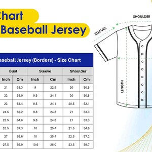 The image is a size chart for an adult baseball jersey, showing measurements for different sizes such as S, M, L, XL, and 5XL.