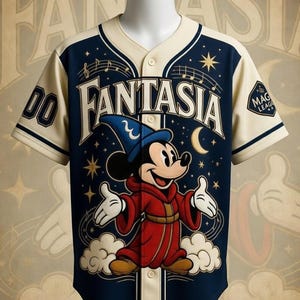 A Mickey Mouse-themed baseball jersey with the word "Fantasia" prominently displayed.