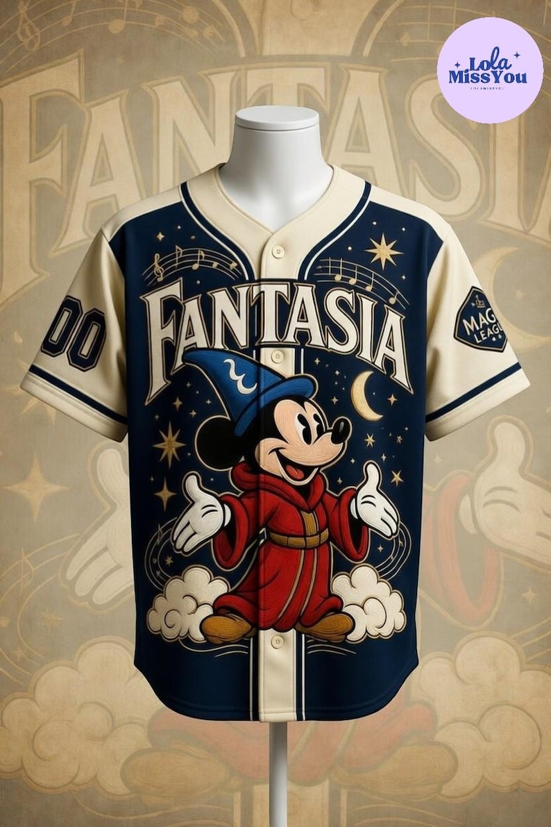 A Mickey Mouse-themed baseball jersey with the word "Fantasia" prominently displayed.