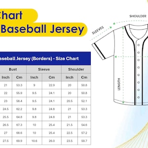 The image is a size chart for an adult baseball jersey, showing measurements for different sizes such as S, M, L, XL, and 5XL.