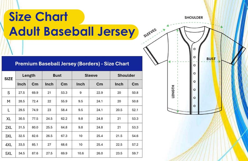 The image is a size chart for an adult baseball jersey, showing measurements for different sizes such as S, M, L, XL, and 5XL.