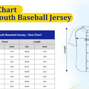 The image is a size chart for a kid youth baseball jersey, showing the measurements for different age groups.