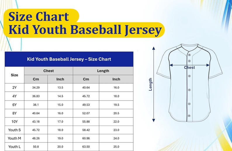 The image is a size chart for a kid youth baseball jersey, showing the measurements for different age groups.