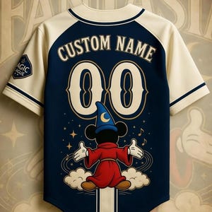 A baseball jersey with a Mickey Mouse design and the text "CUSTOM NAME 00" printed on it.