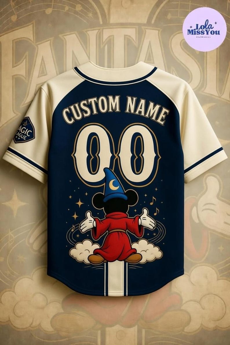 A baseball jersey with a Mickey Mouse design and the text "CUSTOM NAME 00" printed on it.