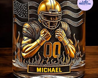 Personalized Football Whiskey Glass, Custom Name & Number Rocks Glass, Football Player Whiskey Glass Gift for Him