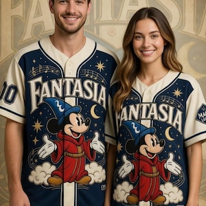 A man and a woman are standing next to each other, both wearing Mickey Mouse-themed baseball jerseys.