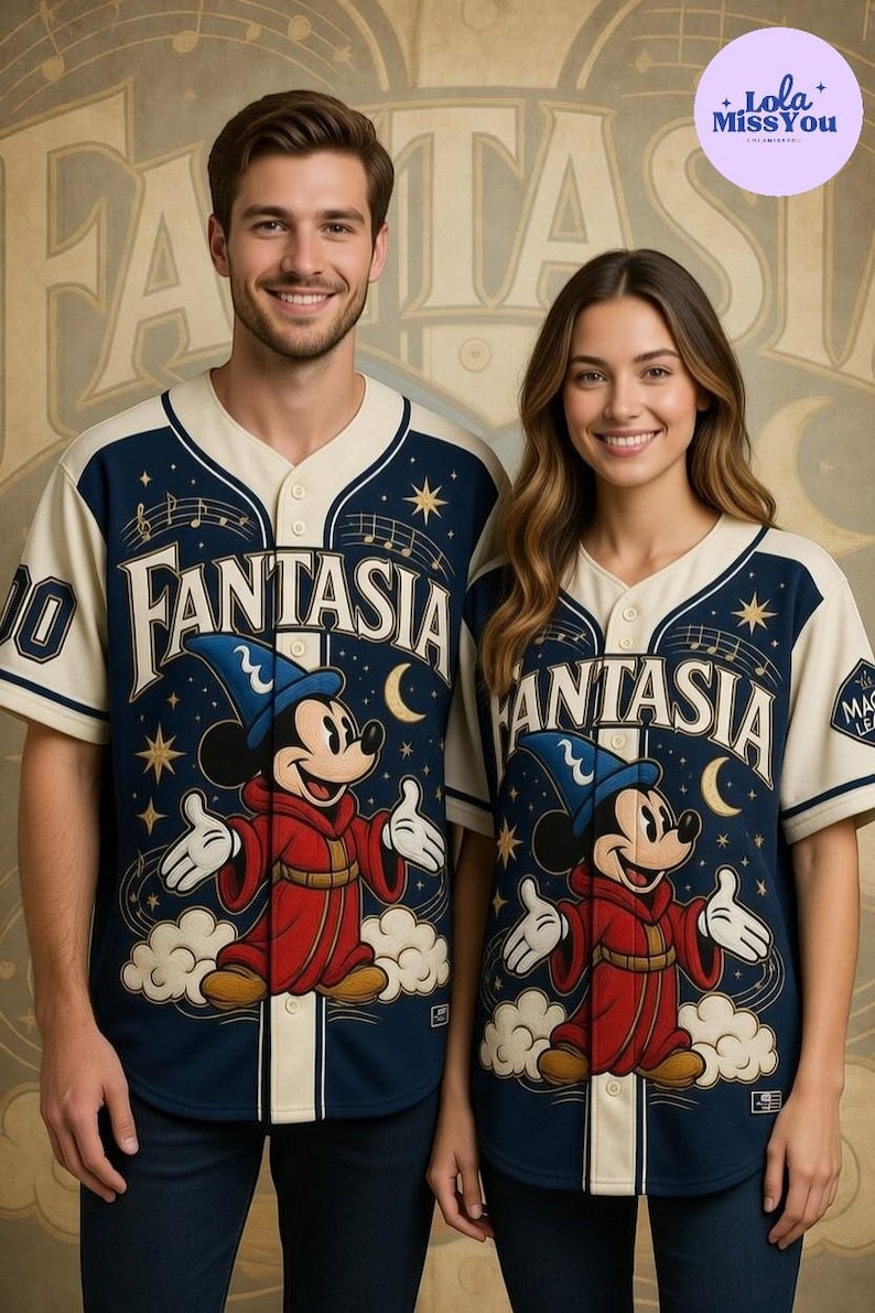 A man and a woman are standing next to each other, both wearing Mickey Mouse-themed baseball jerseys.