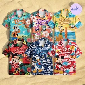 May include: Collection of Hawaiian shirts featuring Disney characters Goofy, Daisy, Pluto, Minnie, Donald, and Mickey. Each shirt has a unique design with vibrant colors, tropical flowers, and character illustrations. The shirts are short-sleeved with a button-down collar.