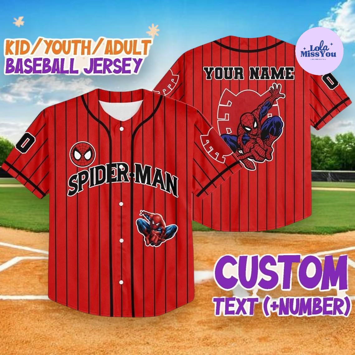 Discover Personalized Spider Baseball Jersey, Custom Name and Number Shirt, Red Superhero Jersey for Kids Youth Adult
