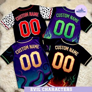 four custom-designed sports jerseys, each with a unique name and number. The jerseys feature vibrant colors and creative designs, including elements like flames, tentacles, and other evil character motifs.