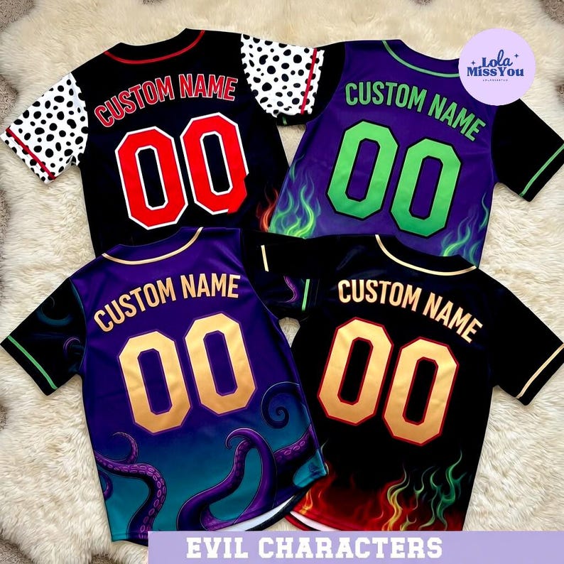 four custom-designed sports jerseys, each with a unique name and number. The jerseys feature vibrant colors and creative designs, including elements like flames, tentacles, and other evil character motifs.