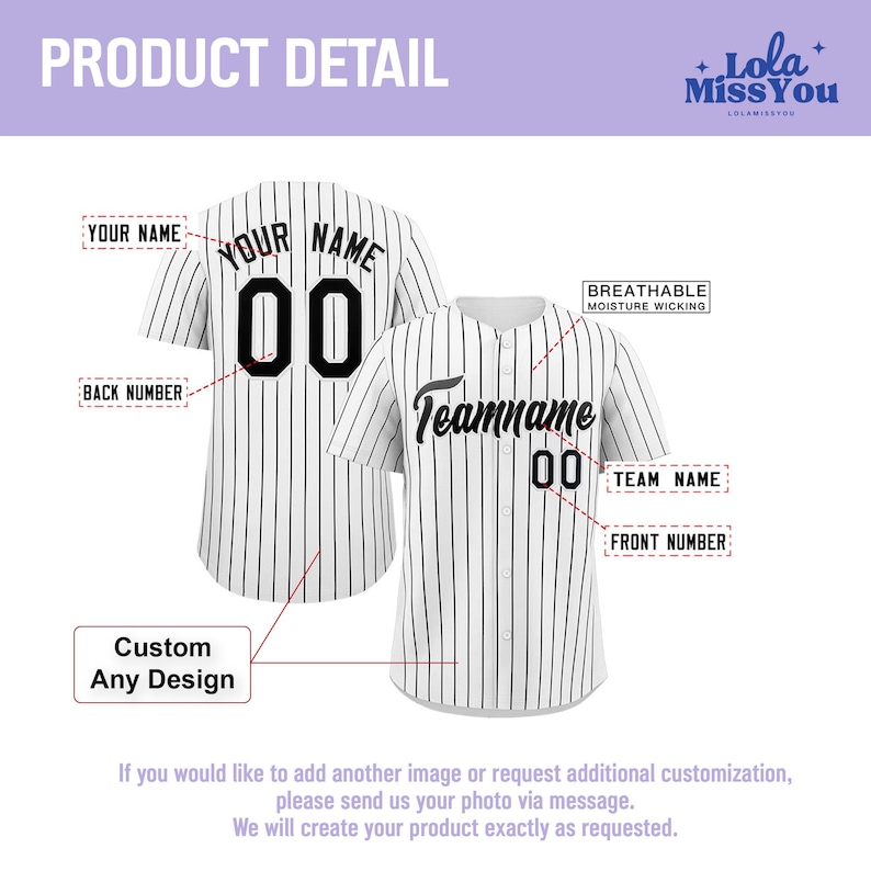 The image is a product detail for a baseball jersey, with various customization options such as name, number, and design.