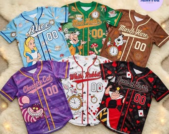 Camiseta de béisbol de Alicia en el País de las Maravillas, camiseta infantil con nombre y número personalizados, camiseta de Alicia, Sombrerero Loco, Gato de Cheshire, Conejo Blanco, Reina de Corazones