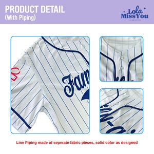 The image is a product detail of a baseball jersey, specifically a white jersey with blue stripes. The jersey is shown in three different views, including a close-up of the front, a side view, and a top-down view. The image also includes a caption that describes the product detail, which is a line piping made of separate fabric pieces, solid color as designed.