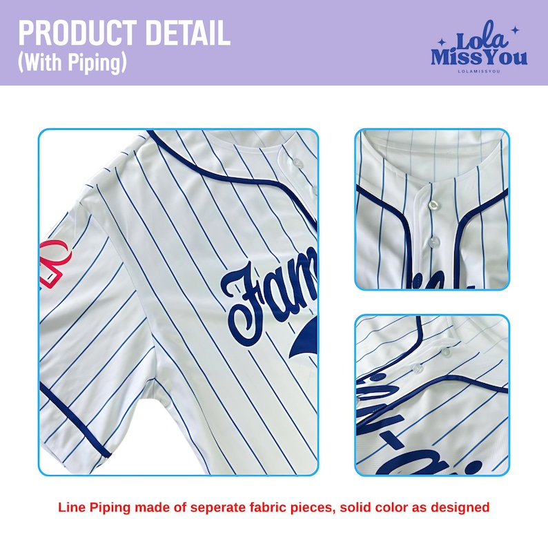 The image is a product detail of a baseball jersey, specifically a white jersey with blue stripes. The jersey is shown in three different views, including a close-up of the front, a side view, and a top-down view. The image also includes a caption that describes the product detail, which is a line piping made of separate fabric pieces, solid color as designed.