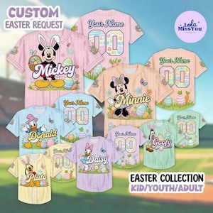 May include: Collection of custom Easter baseball jerseys featuring Disney characters like Mickey, Minnie, Donald, Daisy, Goofy, and Pluto. Each jersey has a character graphic, name, and number on the back. The jerseys are available in kid, youth, and adult sizes.
