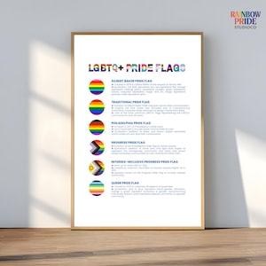 May include: A framed print showcasing several LGBTQ+ Pride flags, each with its name and a brief description. Flags include the Gilbert Baker Pride Flag and the Traditional Pride Flag. The Rainbow Pride Studio Co. logo is visible in the top right corner of the print.
