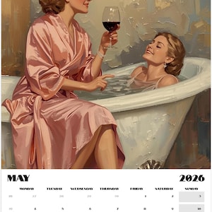 Vintage lesbian romance calendar with soft painterly art of women together. Elegant sapphic aesthetic wall décor in beige, blush, and gold hues for 2026.