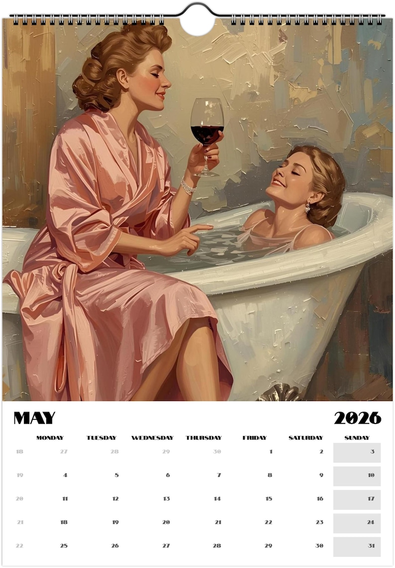Vintage lesbian romance calendar with soft painterly art of women together. Elegant sapphic aesthetic wall décor in beige, blush, and gold hues for 2026.