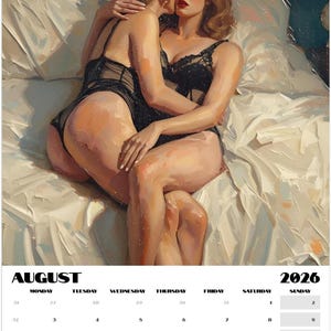 May include: A calendar page for August 2026 featuring an artistic painting of two women embracing on a bed. They are wearing black lingerie. The calendar has a spiral binding at the top.