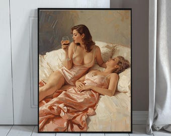 Lesbian Couple Wall Art , Soft Wine Evening | Sapphic Romantic Poster | WLW Bedroom Decor | Feminine Emotional Oil Painting Print & Digital