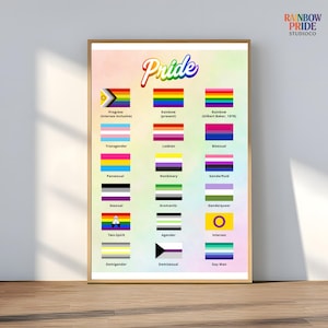 Könnte beinhalten: Ein gerahmtes Pride-Poster mit verschiedenen LGBTQ+-Flaggen, darunter die Progress-, Rainbow-, Transgender-, Lesben-, Bisexuell-, Pansexuell-, Nonbinary- und Asexual-Flaggen. Das Wort "Pride" steht in farbiger Schrift oben. Das Logo Rainbow Pride Studio Co. befindet sich oben rechts.