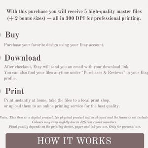 May include: A beige graphic detailing the process of buying, downloading, and printing digital files. The text includes the steps: Buy, Download, and Print. The Rainbow Pride StudioCo logo is in the bottom right corner.