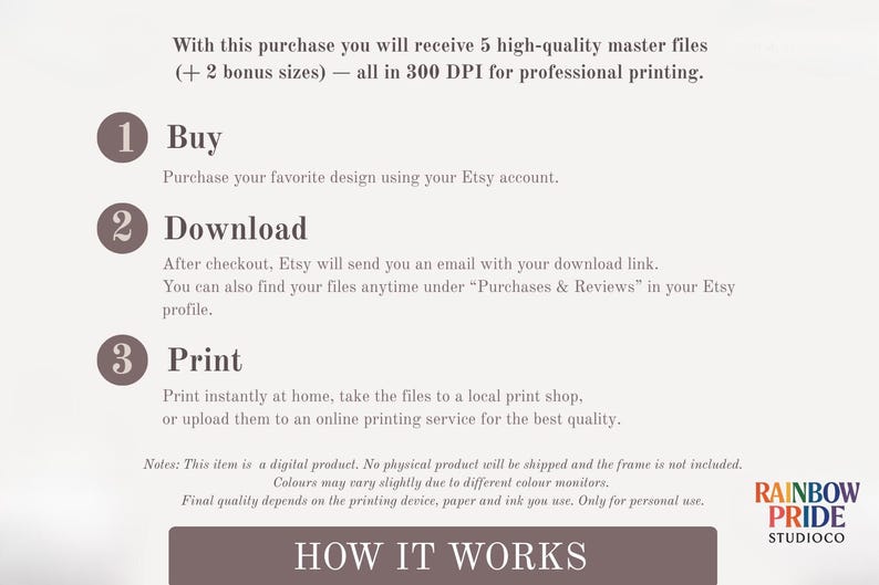 May include: A beige graphic detailing the process of buying, downloading, and printing digital files. The text includes the steps: Buy, Download, and Print. The Rainbow Pride StudioCo logo is in the bottom right corner.