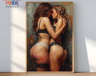 Lesbian Couple Sensual Art Poster | Sapphic Intimate Print | WLW Embrace Painting | Queer Feminine Wall Art | Romantic Lingerie Decor
