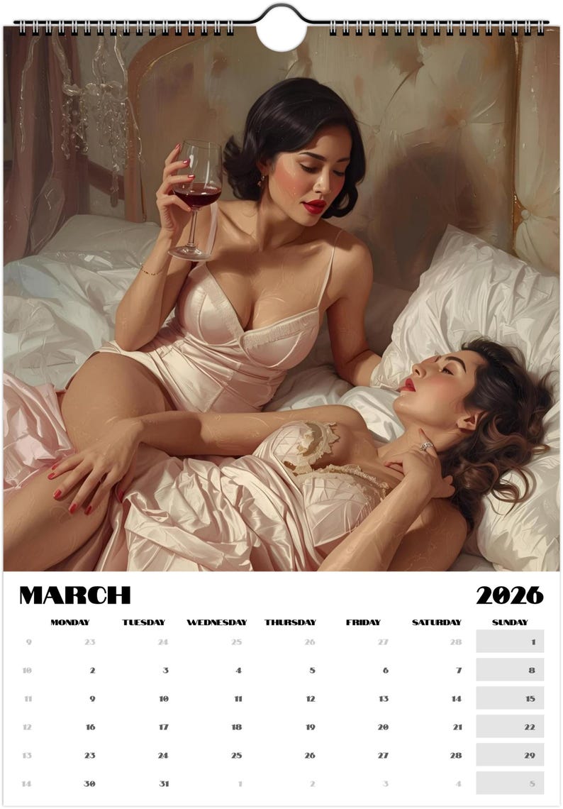 Vintage lesbian romance calendar with soft painterly art of women together. Elegant sapphic aesthetic wall décor in beige, blush, and gold hues for 2026.
