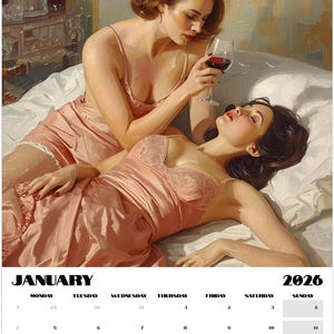 Sapphic Romance Calendar 2026 featuring vintage-style lesbian art in warm romantic tones. Fine-art wall calendar celebrating queer love and intimacy through feminine paintings.