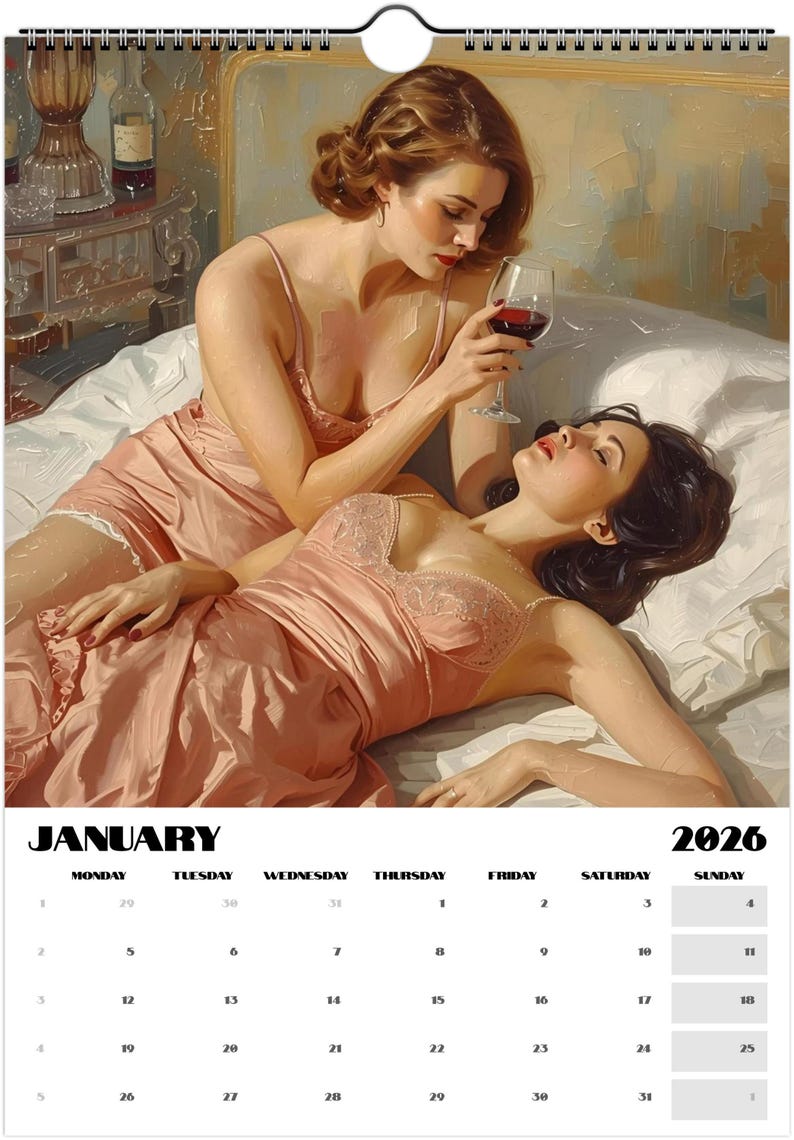 Sapphic Romance Calendar 2026 featuring vintage-style lesbian art in warm romantic tones. Fine-art wall calendar celebrating queer love and intimacy through feminine paintings.