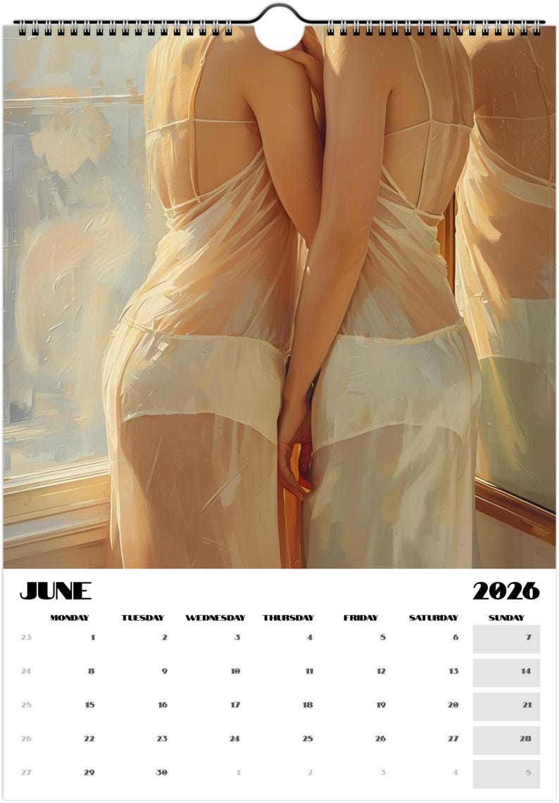 Romantic sapphic art calendar 2026 showing vintage-inspired women’s portraits and intimate scenes. Perfect queer home décor and pride-affirming gift.