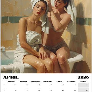 Vintage lesbian romance calendar with soft painterly art of women together. Elegant sapphic aesthetic wall décor in beige, blush, and gold hues for 2026.