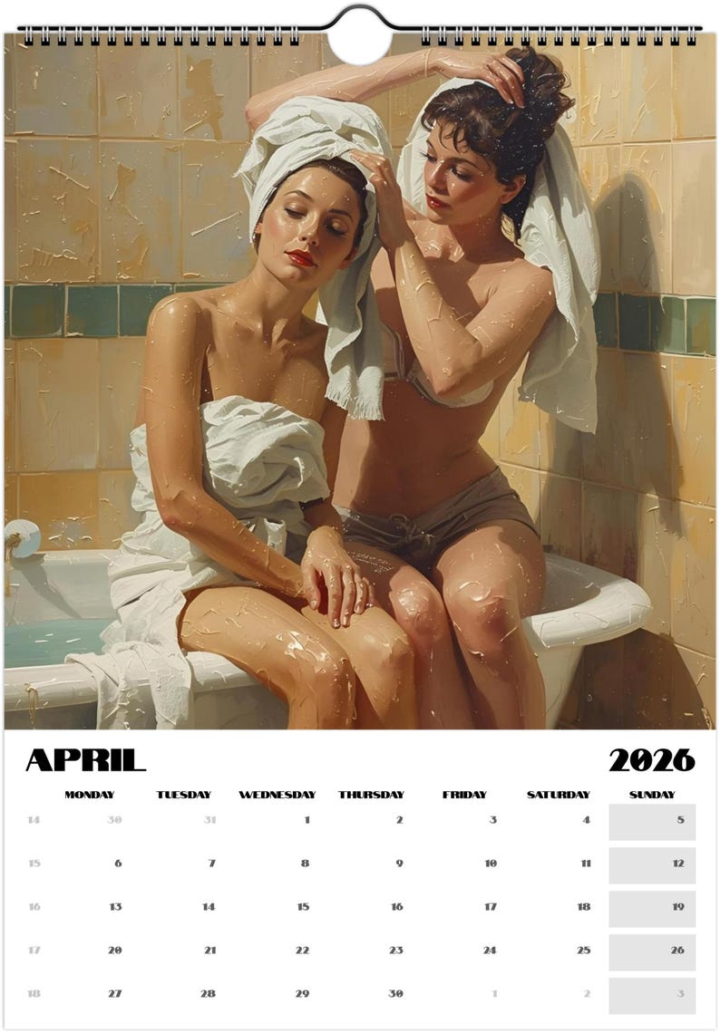 Vintage lesbian romance calendar with soft painterly art of women together. Elegant sapphic aesthetic wall décor in beige, blush, and gold hues for 2026.