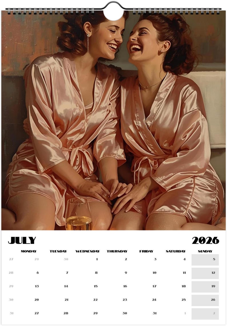 Romantic sapphic art calendar 2026 showing vintage-inspired women’s portraits and intimate scenes. Perfect queer home décor and pride-affirming gift.
