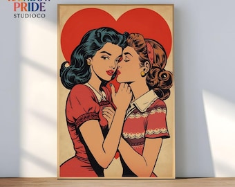 Red Heart Whisper Lesbian Pop Art Digital Print | Vintage Retro Comic Poster | Sapphic Love Wall Art for Queer WLW Girlfriend Gift