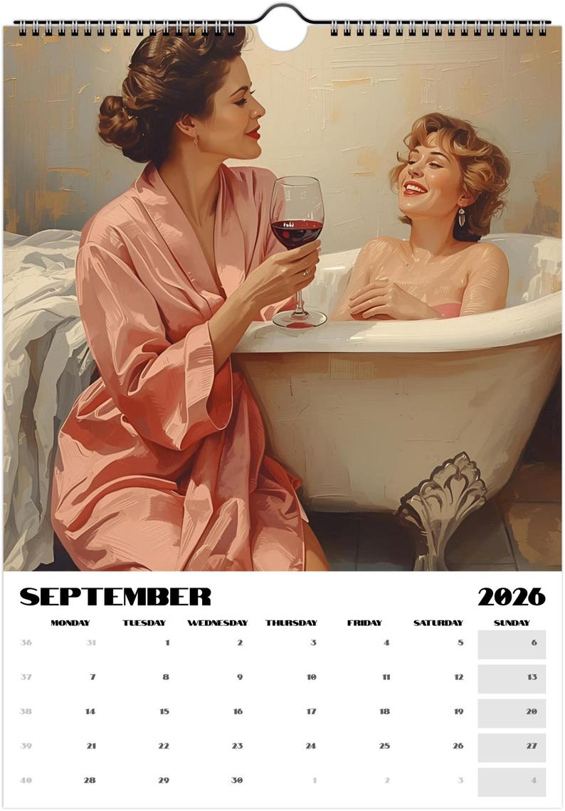 Romantic sapphic art calendar 2026 showing vintage-inspired women’s portraits and intimate scenes. Perfect queer home décor and pride-affirming gift.