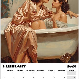 Vintage lesbian romance calendar with soft painterly art of women together. Elegant sapphic aesthetic wall décor in beige, blush, and gold hues for 2026.